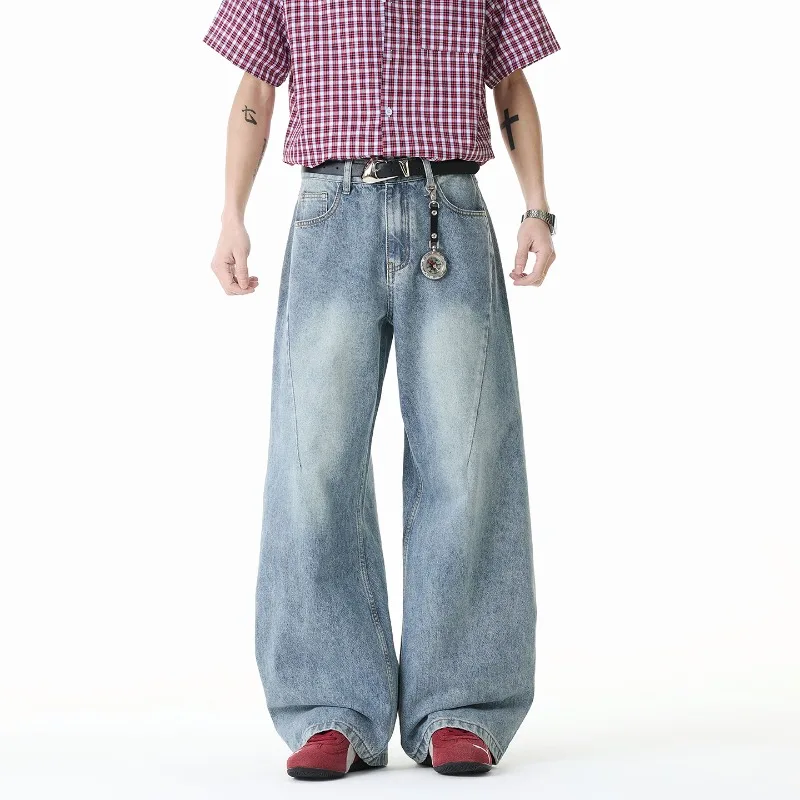 American Style Niche Design Deconstructed Men's Jeans High Street Wide Leg Washed Distressed Denim Long Pants