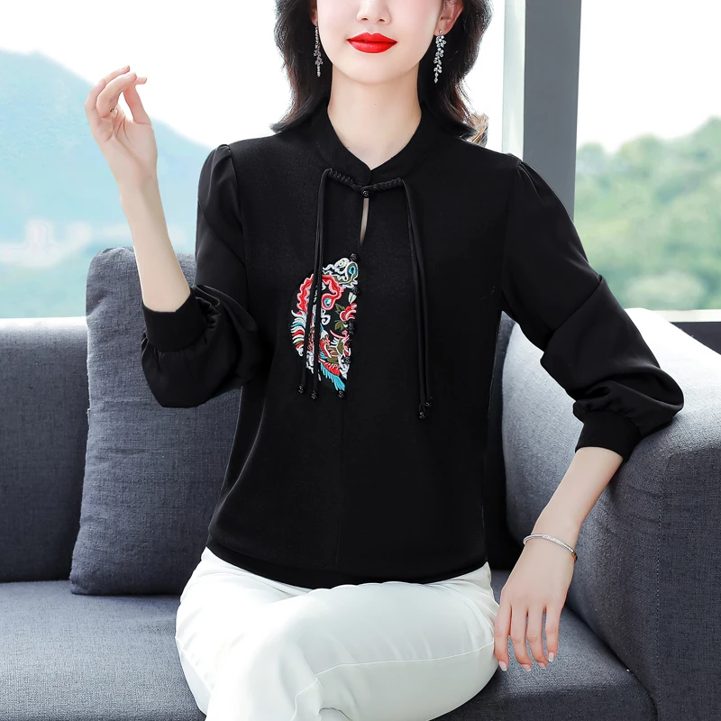 Women Chinese Style Vintage Embroidery Hollow Blouse Elegant Stand Collar Chiffon Patchwork Shirt Long Sleeve Loose Tops Blusas