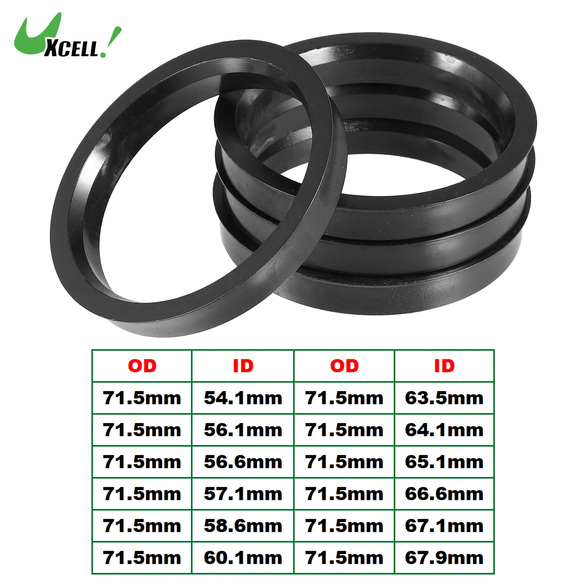 UXCELL 4Pcs 71.5mm to 54.1mm 56.1mm 57.1mm 60.1mm 66.6mm 67.1mm 67.9mm Car Tire Centering Hub Centric Rings Black