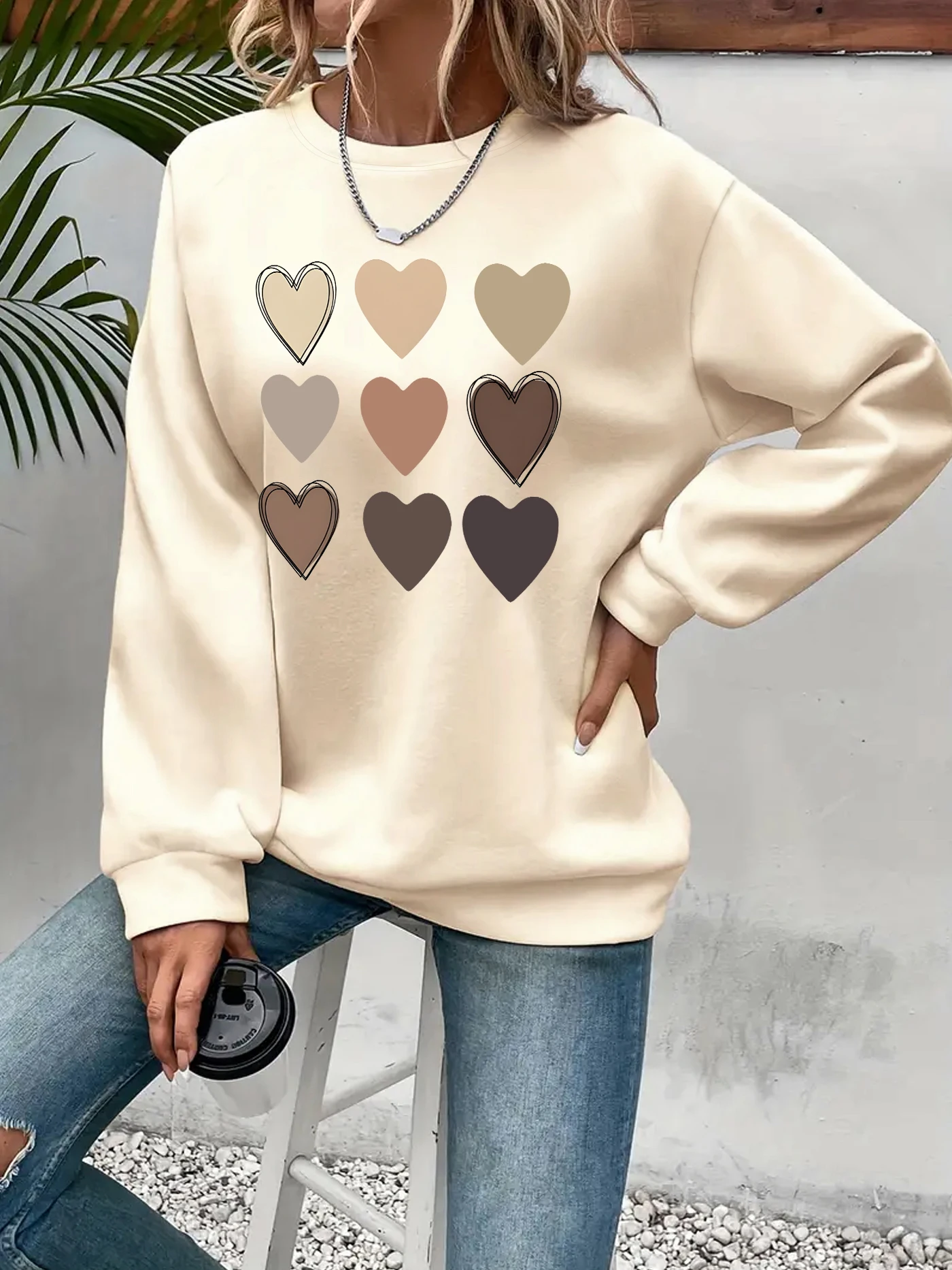 

love print sweatshirt, crew neck casual sweatshirt for winter & fall, women's clothing.