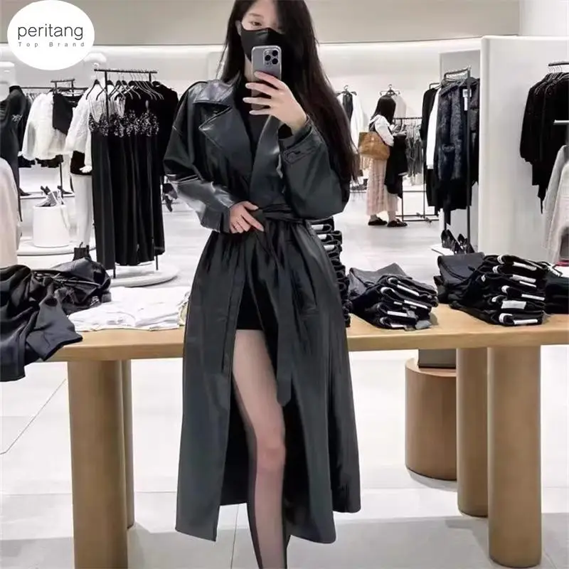 

PERITANG Autumn Long Black Patchwork Pu Leather Trench Coat for Women Double Breasted Loose Stylish Luxury Designer Clothing