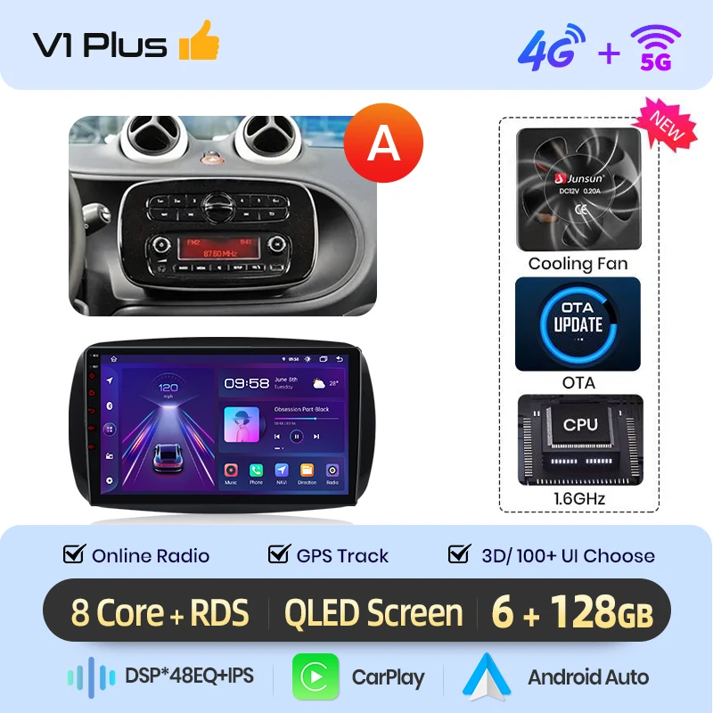 Junsun Draadloze CarPlay Android Auto Autoradio Voor Mercedes Benz Smart 453 Fortwo 2014-2020 Gps Multimedia 2 Din systemen Stereo
