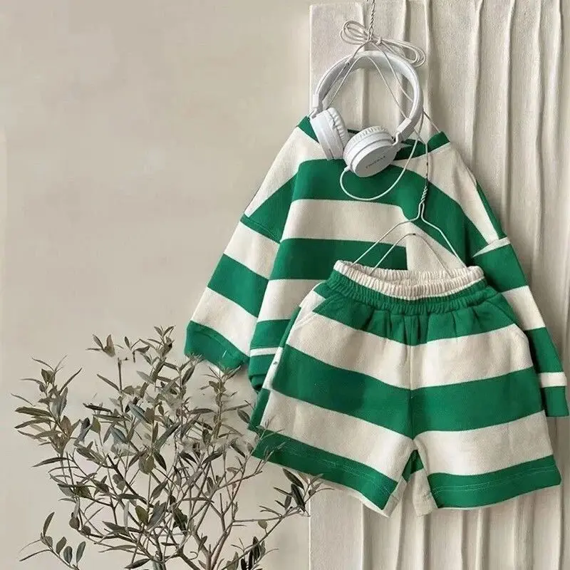 Children's Clothing Set Spring/Summer New Style Boys and Girls Striped Hoodie Shorts Two Piece Set