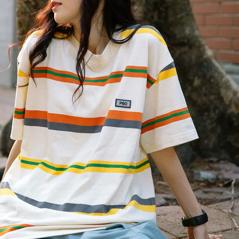 

Rainbow striped t shirt for women summer new American style right shoulder t shirt salt style short sleeved loose slim versatile