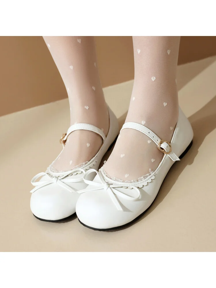 2025 ربيع/صيف جديد حذا فردي للسيدات رأس مستدير كعب مسطح لوليتا لطيف فتاة الوردي القوس طالب أحذية نسائية