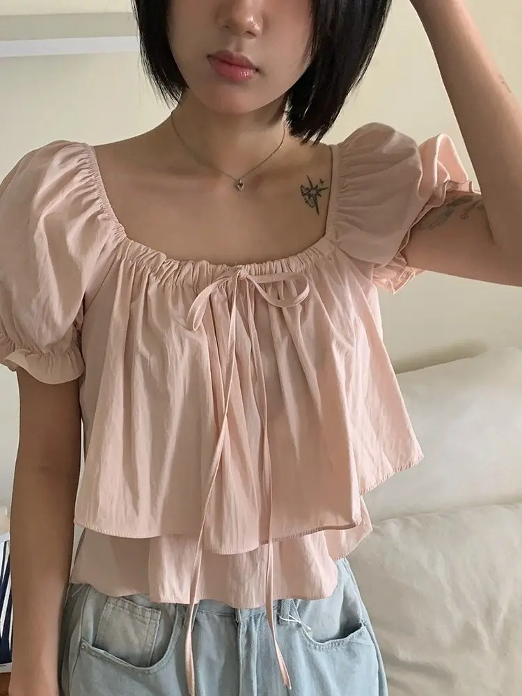 

East Gate Women's Sweet Style Bubble Sleeve Shirt Square Collar Ruffle Sensation Double Layer Fake Two-Piece Straight Tie Design