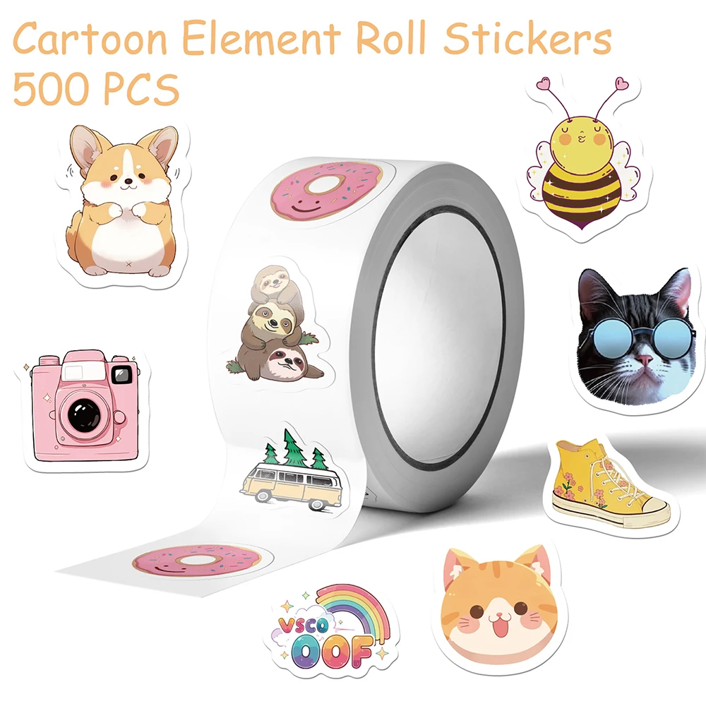 

500pcs Cartoon Elements Roll Stickers Decals For Laptop Scrapbook Suitcase Skateboard Guitar DIY Graffiti Aesthetic Stickers