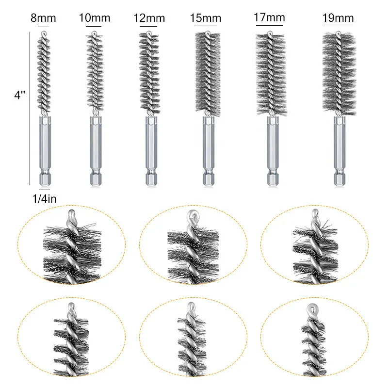 50Set 12Pcs/set 8-19mm Bore Brush Stainless Steel Brass Wire 1/4 Inch Hex Shank For Electric Drill Impact Driver Cleaning Tool