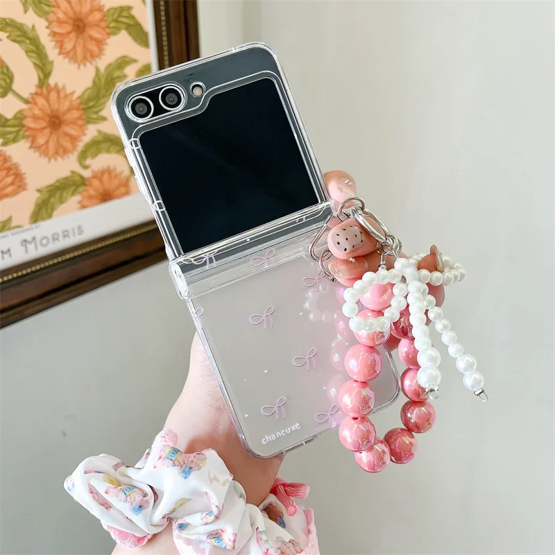 For Samsung Galaxy Z Flip 7 FE 3 4 5 6 Case Cute Pink Bow Bracelet Hinge Shockproof Back Cover