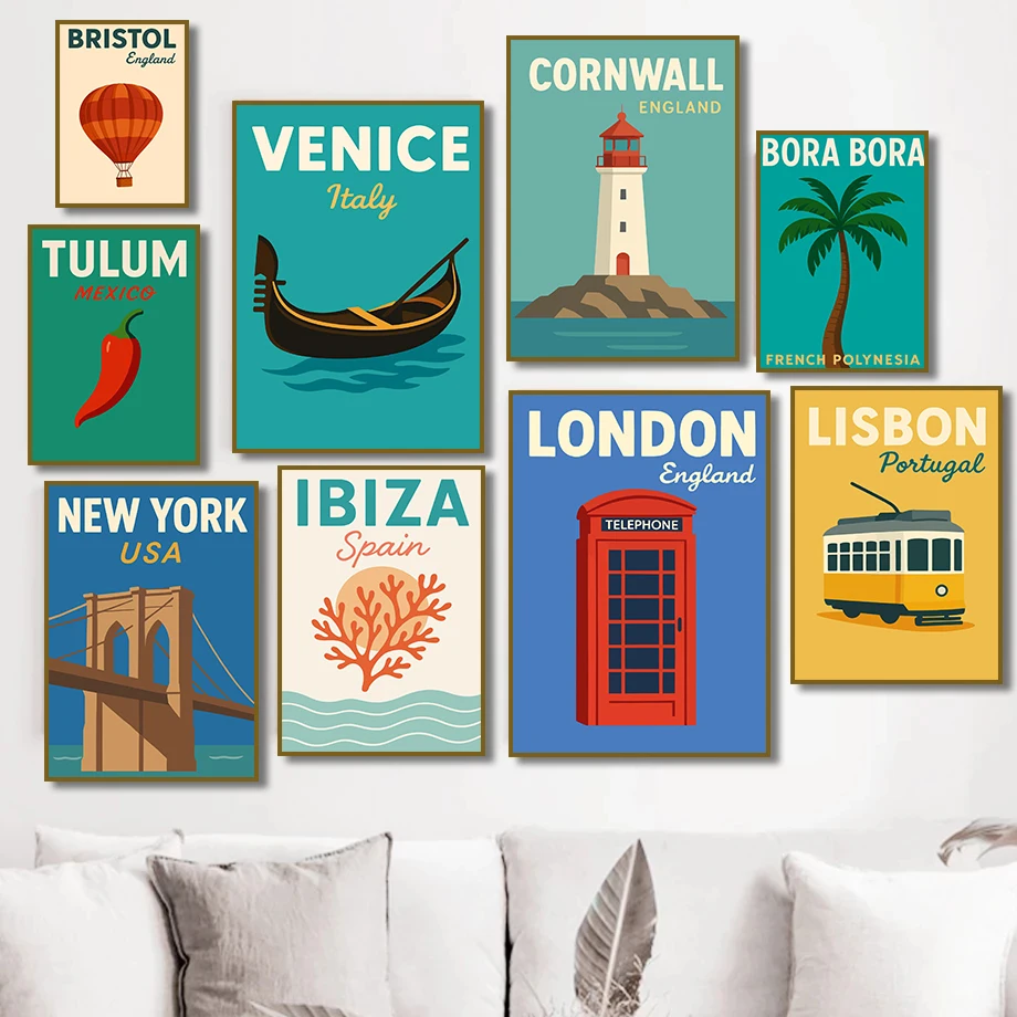 Colorido viaje Ibiza Bora Bora México Londres Venecia Lisboa cuadro sobre lienzo para pared cartel nórdico Preppy habitación impresiones decoración del hogar