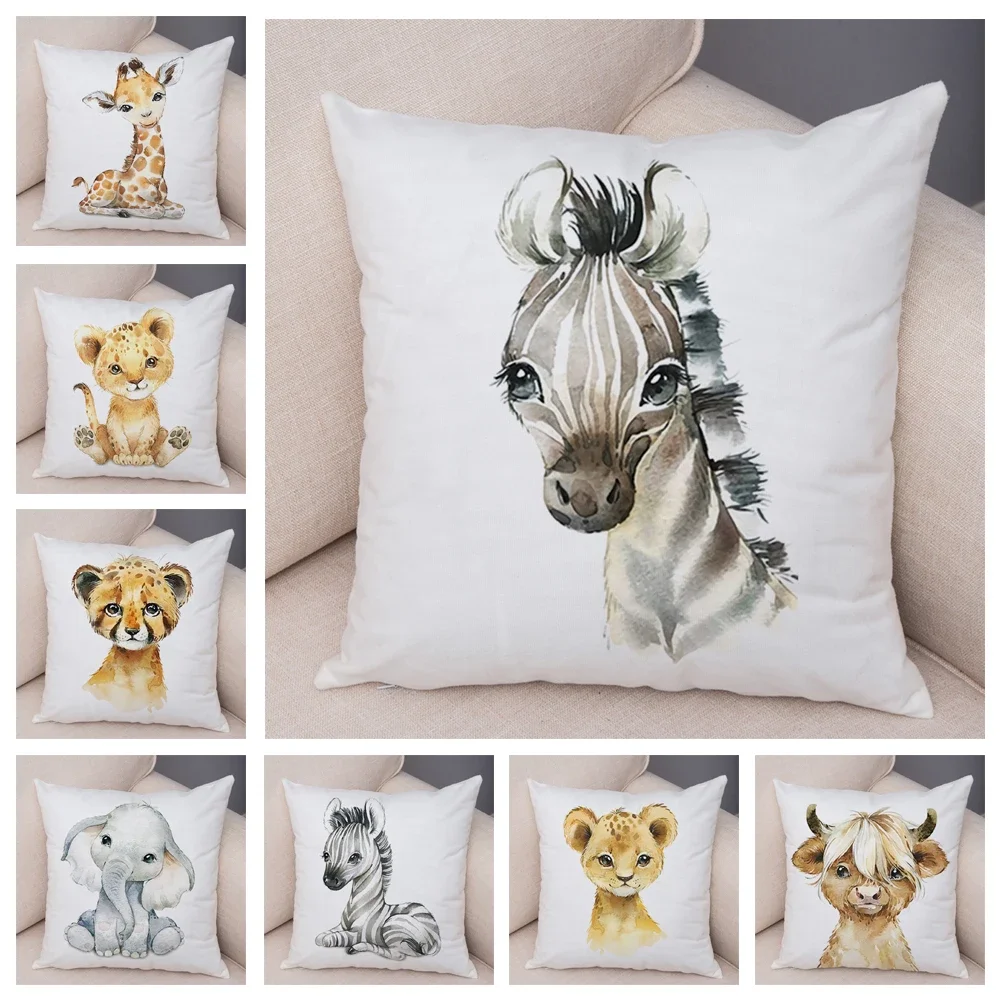 Watercolor Cute Animal Cushion Cover Sofa Home Decor Zebra Giraffe Hippo Monkey Lion Fox