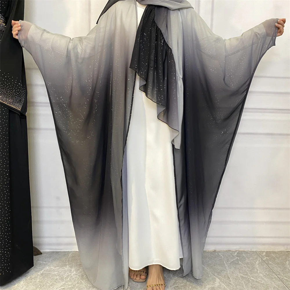 

Elegant Abaya Dubai Luxury Shiny Gradient Color Muslim Dresses With Scarf Summer Chiffon Modesty Robe Khimar Set Islamic Kebaya