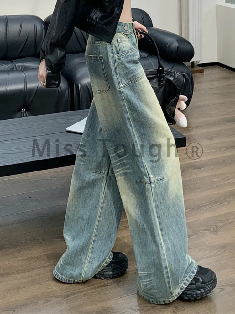 2023 winter Blue Vintage Fashion Jeans Women Pockets Designer Casual Denim Long Pants Female High Waist Korean Style Chic Pants