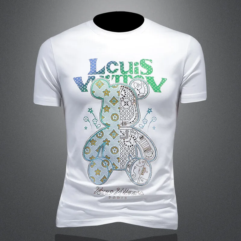 

Мужская летняя футболка с принтом медведя, новая модель, тонкая, из хлопка и шелка, белая, модная, в городском стиле, с круглым вырезом