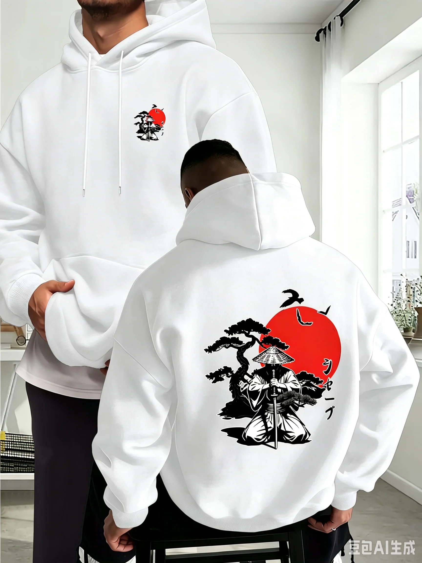 Fall/Winter Men's Hooded Sweatshirt, Japanese Samurai Cherry Blossom Print for Daily Commuting Fashion Thick Fleece Warm Hooded