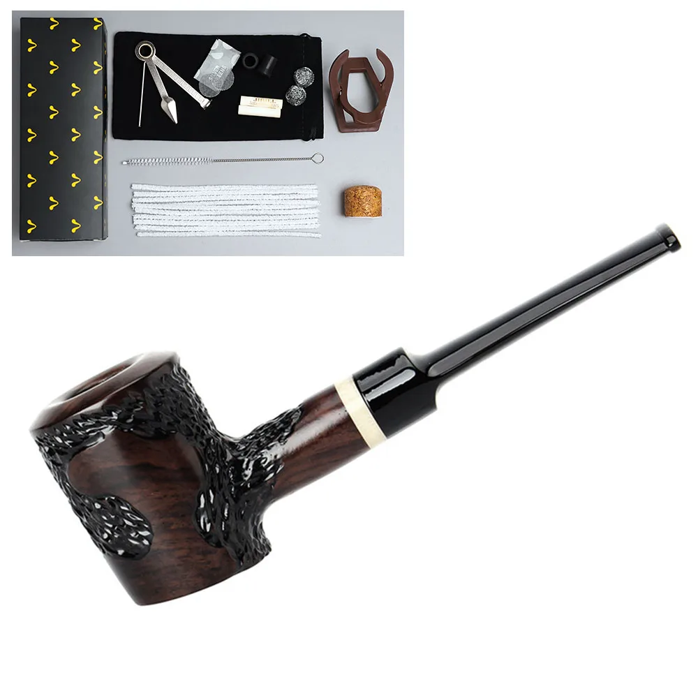 RU MuXiang Carved Ebony Pipe with 10 Piece Clean Set, 9mm Filter Straight Tobacco Pipe, Handmade Black Hammer Pipe Gift for Men