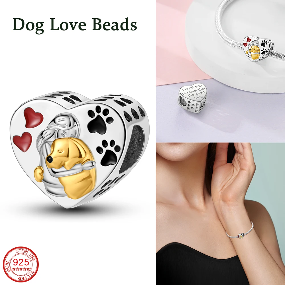 New Cute 925 Sterling Silver Beautiful Time Dog Love Charm Bead Fit DIY Women's Bracelet Necklace Jewelry Gift Accessories