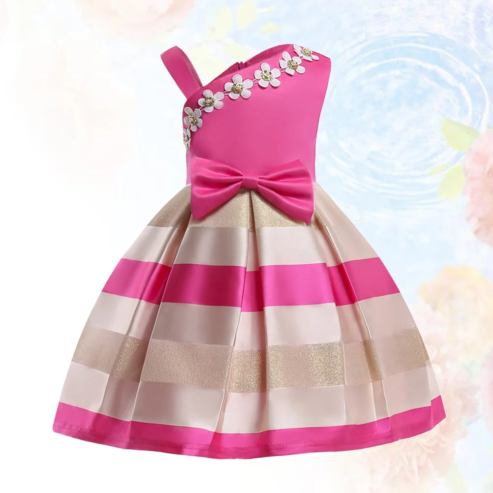 

1Pcs One-Piece Dress Child Rosy 120cm Cotton Interior Eye-Catching Horizontal Stripe Skirt Soft Skin-Friendly Kid Birthday Party