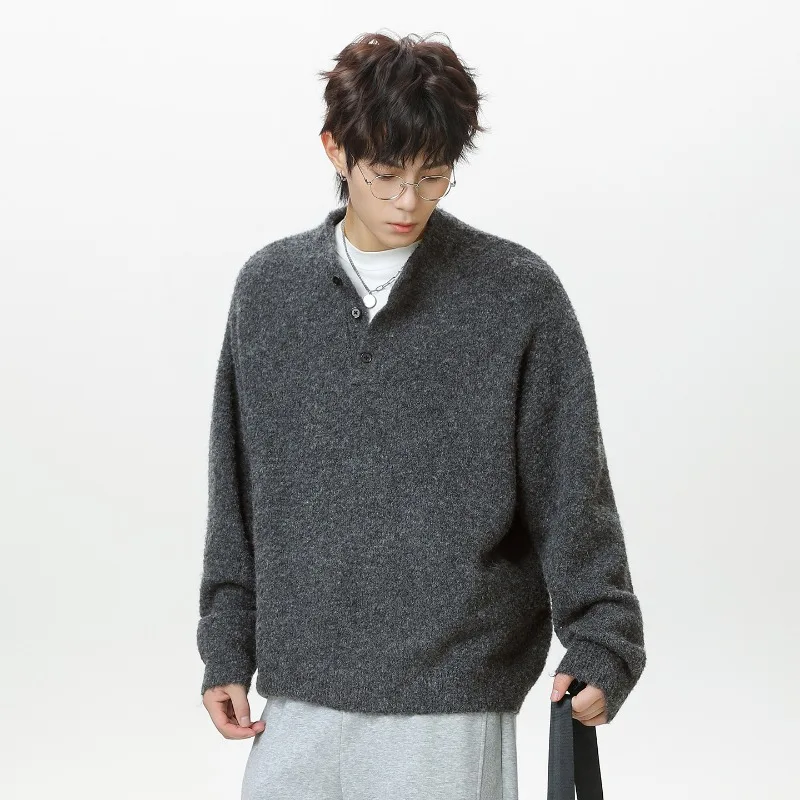 سترة بولو متماسكة فاخرة بياقة هنري للرجال بلوفرات للخريف والشتاء سترة متماسكة دافئة وسترات كسول