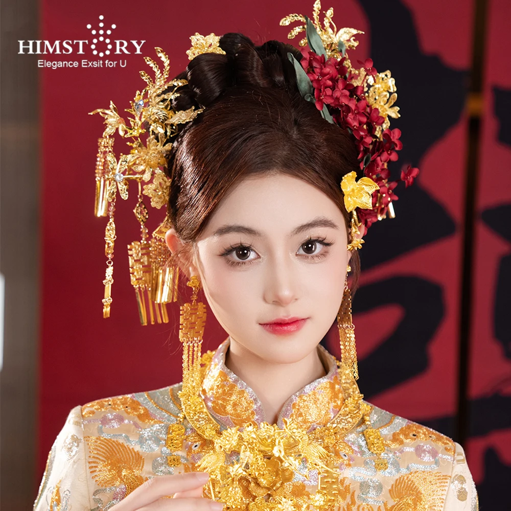 

HIMSTORY, китайский винтажный стиль, набор заколок для волос с золотым фениксом, красные цветы, головной убор Xiuhe, древний костюм невесты, аксессуары для волос
