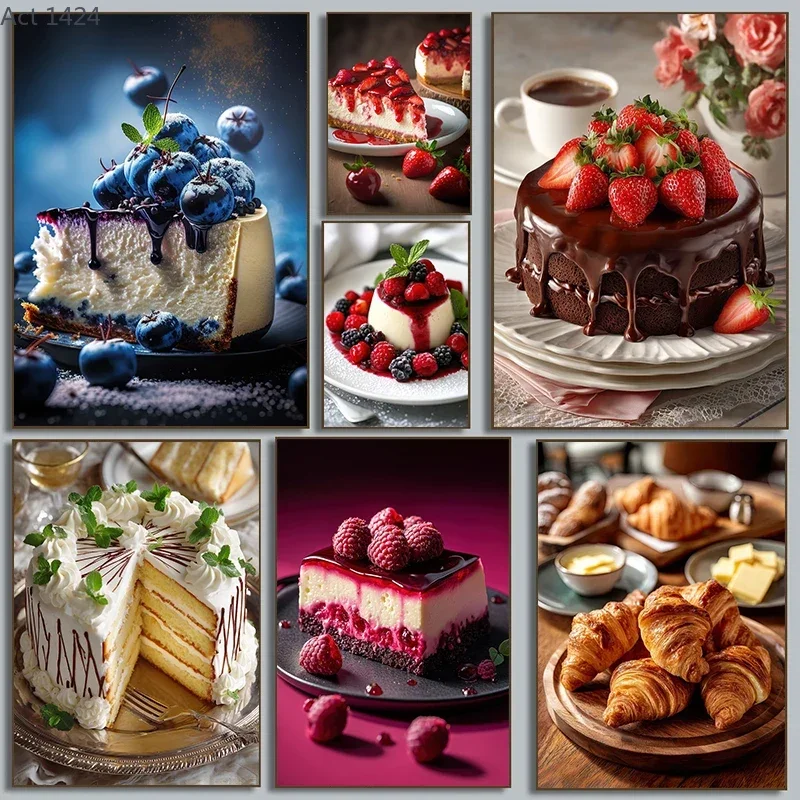 Delicioso té de la tarde, croissant, crema, chocolate, mousse de fresa, póster de postre, pinturas en lienzo, imágenes artísticas de pared, decoración del hogar
