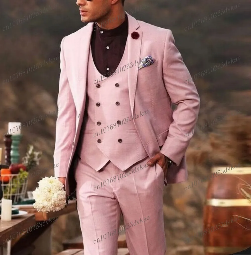 

New Formal Occasion Pink Business Men Suit Groom Groomsman Wedding Party Prom Male Tuxedos 3 Piece Set Blazer Vest Pants