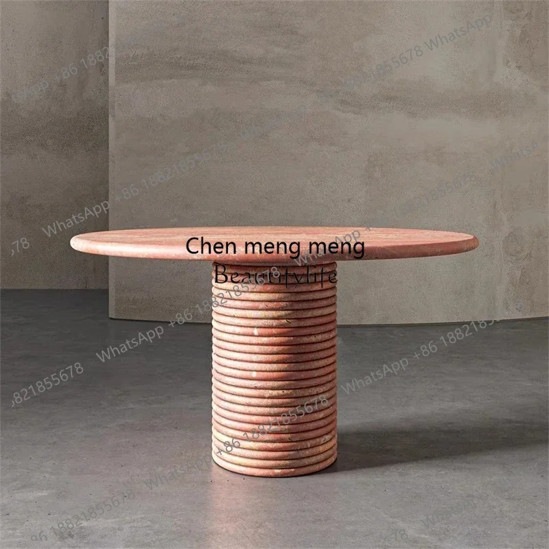 

French minimalist light luxury natural Roman travertine dining table high-end living room round