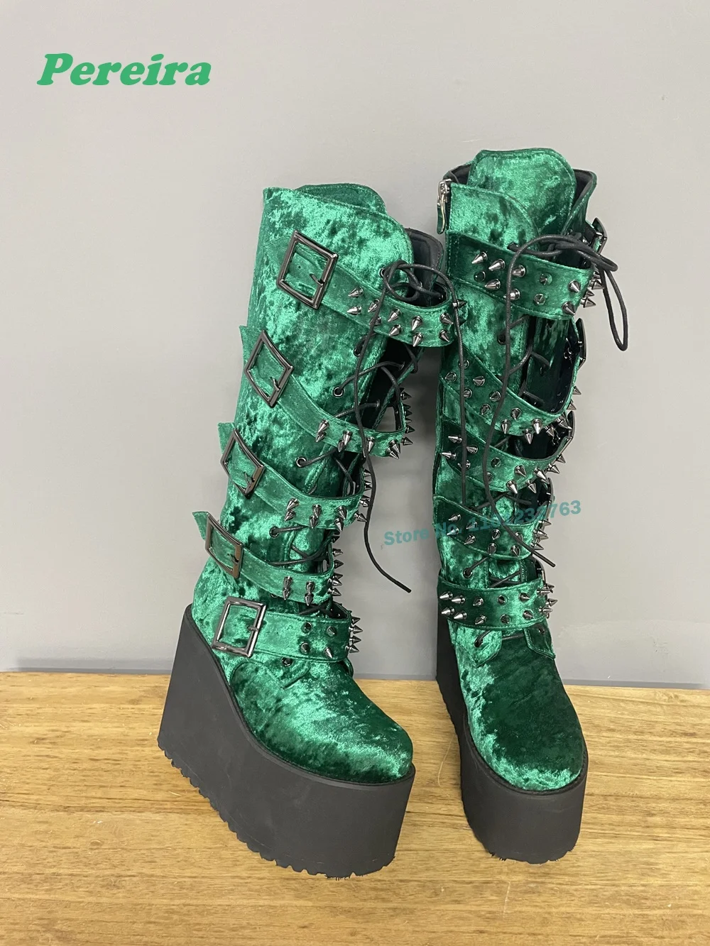 Green Rivet Punk Boots Wedges Platform Belt Buckle Knee High Women\'s Boots Couple Gothic Stud Height Increasing Shoes Casual