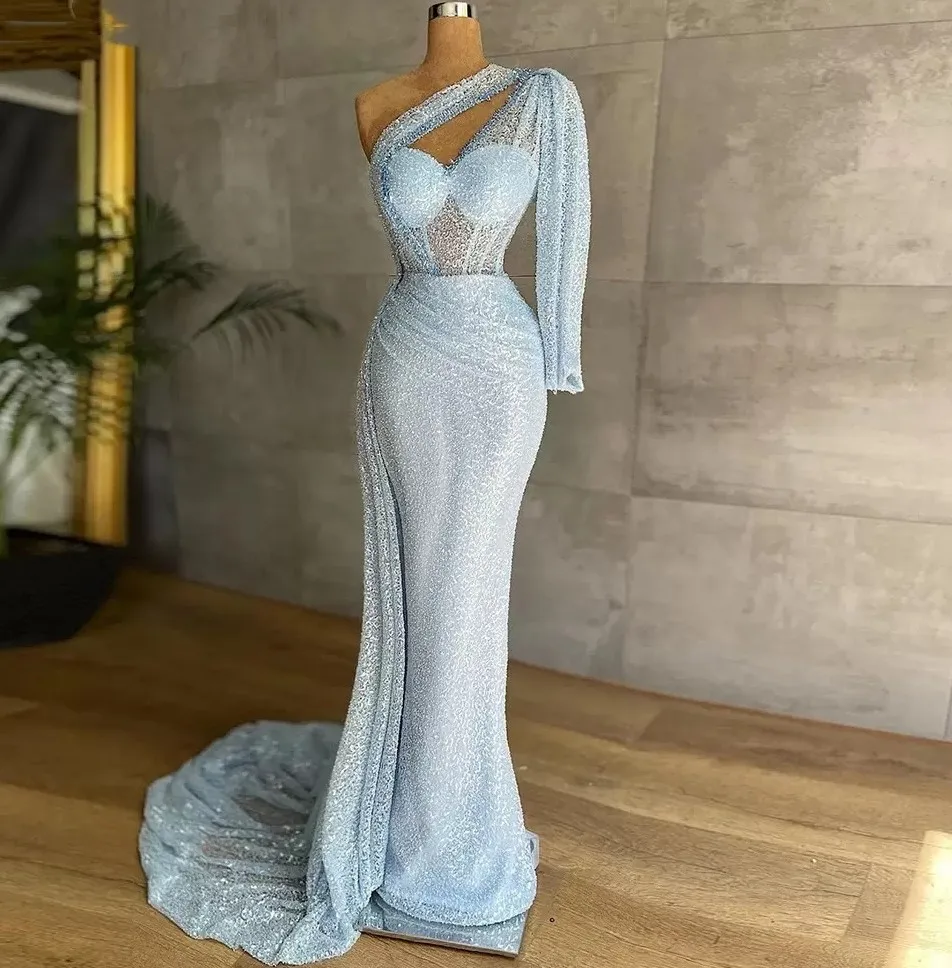 Sky Blue Mermaid Prom Dresses 2025 แขนยาวลูกไม้เลื่อมเลื่อมแฟชั่นชุดราตรี Gowns อย่างเป็นทางการอาหรับดูไบ Robe De Soiree