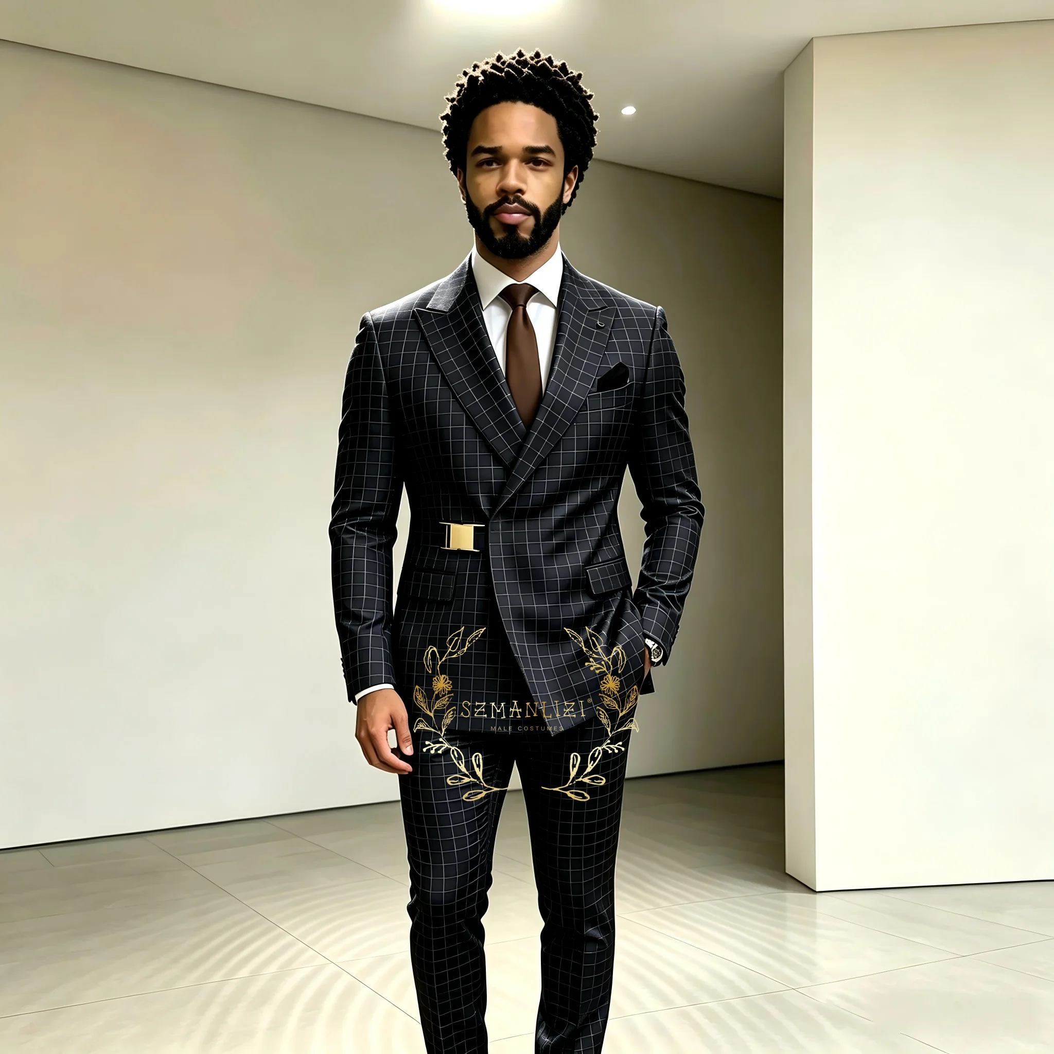 Double Breasted Men Suits Royal Blue Plaid Wedding Costume Male Party Prom Dress Jacket Pants Gold Metal Buckle Groom Suits Sets