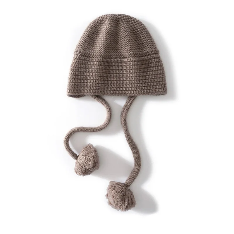 KOIJINSKY Women Autumn Winter 35% Cashmere 65% Merino Wool Chunky Knit Ear Flap Hat Solid Color Tie Strings With Tassel Pom Pom