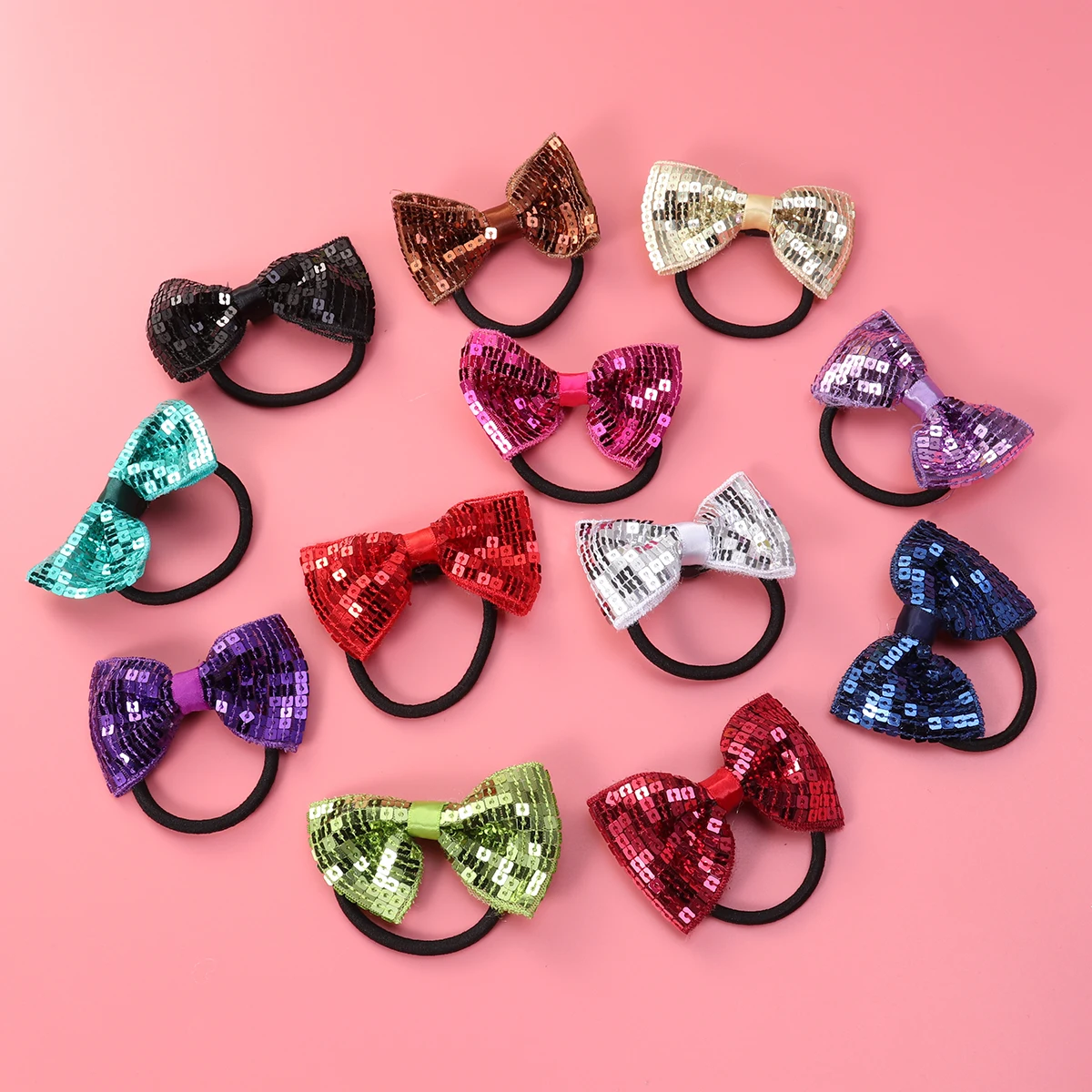 

12pcs Sequin Accessories Elastic Kids Ties Girl Ponytail Holders Stretch Bowknot Hair Rings Bright Daily Wear Stylish Hair Rope