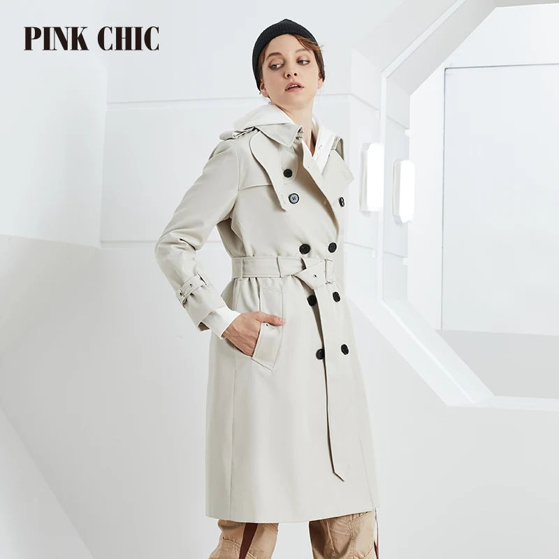 PINK CHIC British New Spring Autumn Windbreaker Mid Length Lapel Collar Women Double Breasted Waist Belt Grace Female Trench 803