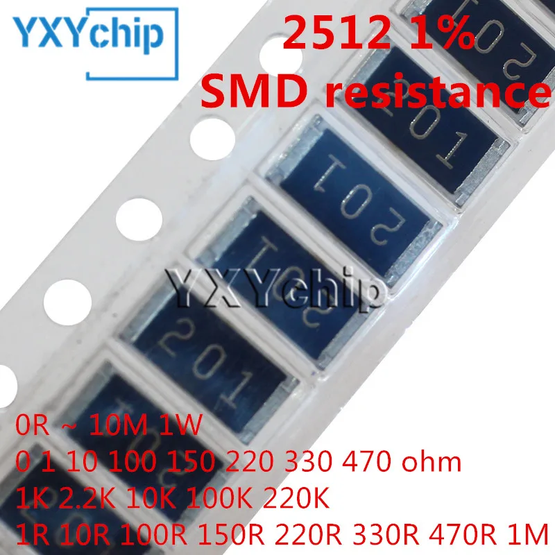 50pcs 2512 1% SMD resistor 0R ~ 10M 1W 0 1 10 100 150 220 330 470 ohm 1K 2.2K 10K 100K 220K 1R 10R 100R 150R 220R 330R 470R 1M