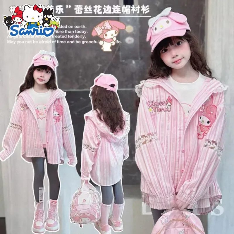 Sanrio Anime 주변 캐릭터 Kuromi Girls Jacket 2025 봄 신작 아동 셔츠 탑 소녀 베이비 멜로디 여름 셔츠 선물