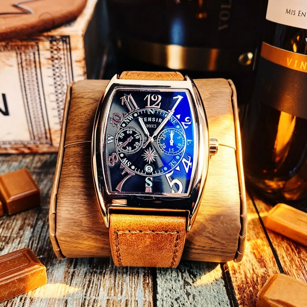 Personalized Wine Barrel Men's Quartz Watch, Retro Waterproof Luminous Leather Strap Men's Watch, Popular in Europe and America, Trendy Student Casual Versatile Men's Watch, Gift Idea