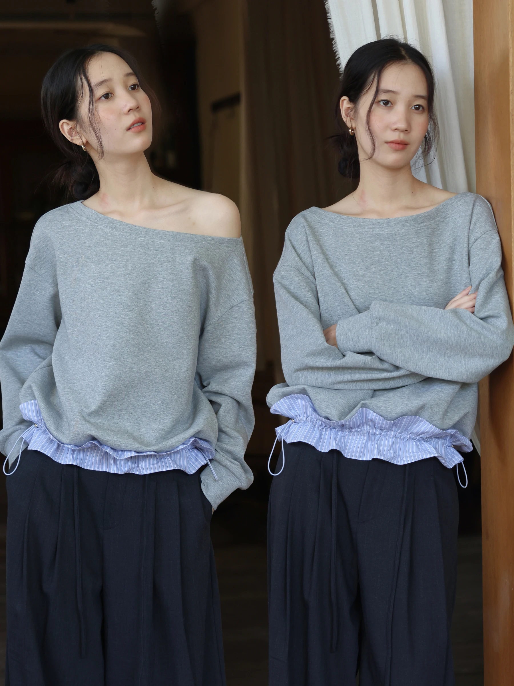 

Худи MUNNS из высококачественного хлопка с длинными рукавами, с нашивками на плечах, свободного кроя, в полоску, с цветовыми блоками, с завязками на талии, весенняя модель