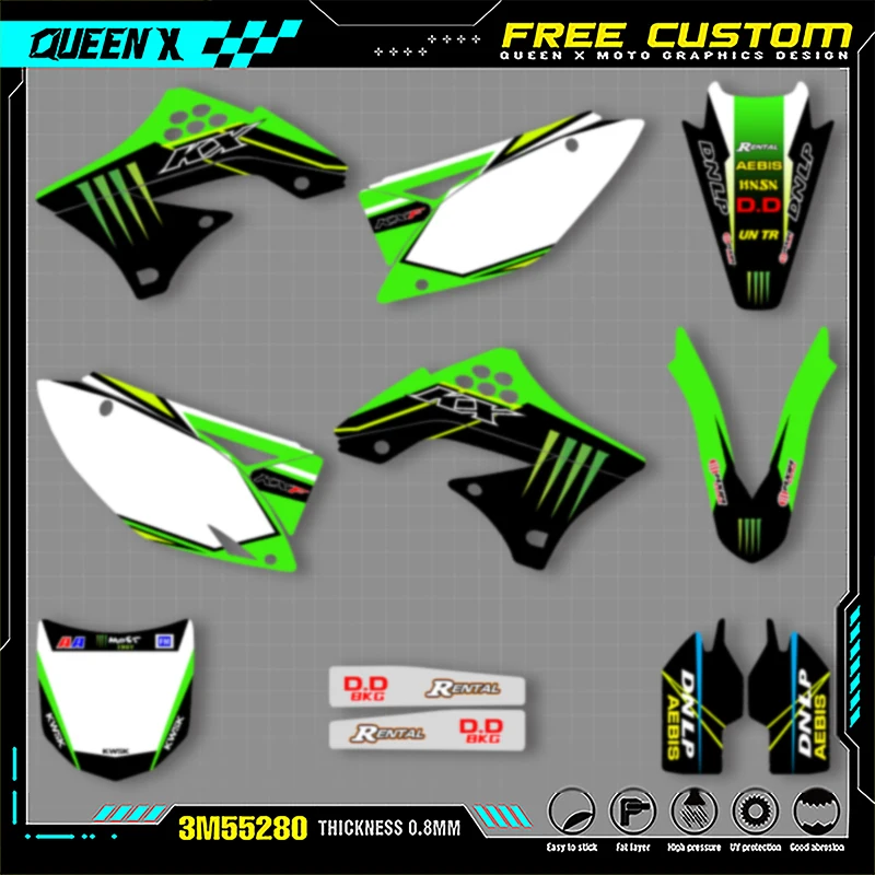 

Queen X MOTOR Custom Team Motorcycle Graphics Decals Stickers Kits For KAWASAKI KXF450 KXF 450 2009-2011 Number Name Custom 003