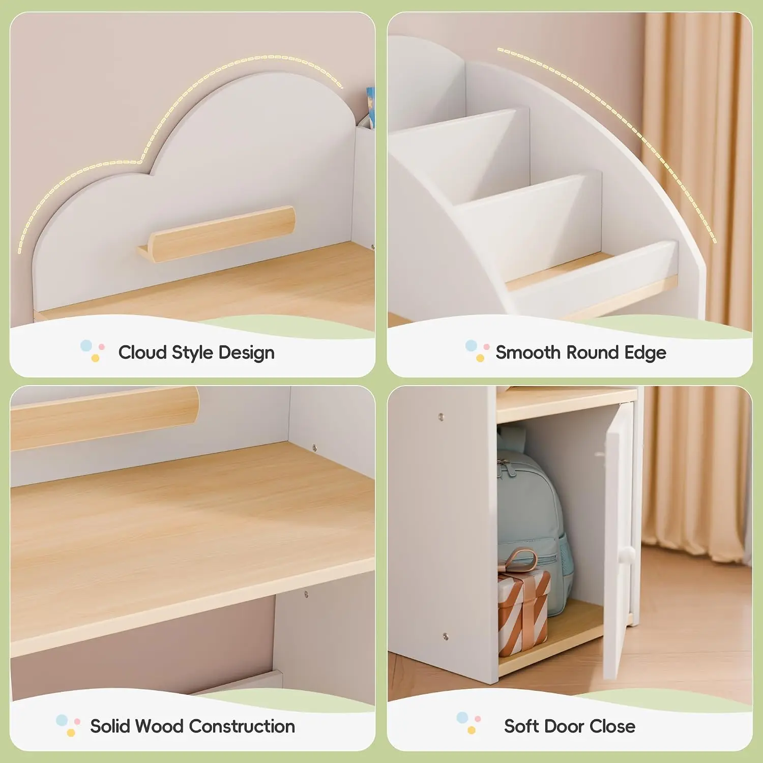 Kids Study Desk & Chair Set with 2 Bookshelves & Storage Cabinets, Wooden Student Table & Stool for Ages 3-8, Customized view 5