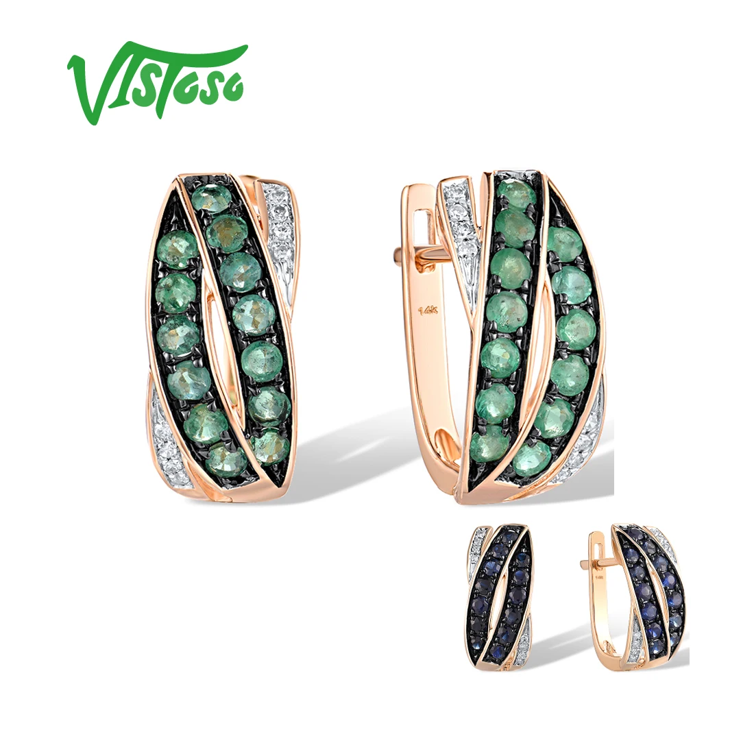 

VISTOSO 14K 585 Rose Gold Earrings For Women Sparkling Diamond Glamorous Emerald Blue Sapphire Classic Wedding Gift Fine Jewelry