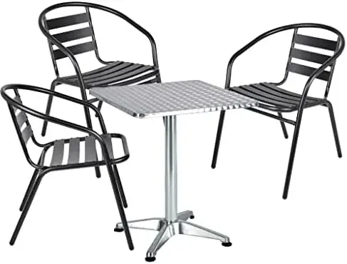 Indoor Outdoor Restaurant Stainless Steel Aluminum Metal Slat Stack Commercial Lightweight, 3 Chairs with a 27.5