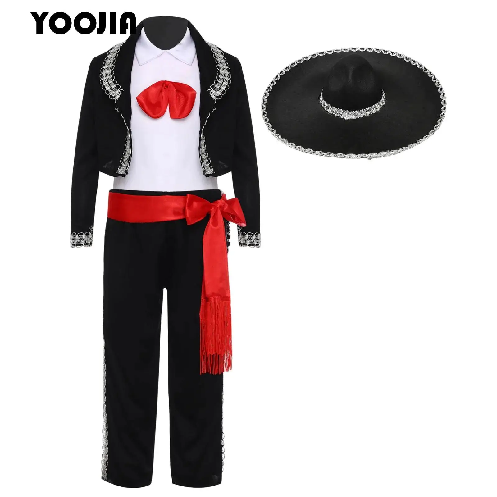 

5 шт. традиционный мексиканский костюм для мальчиков на Хэллоуин, мексиканский косплей, платье Мариичи, жилет, брюки, куртка, пояс и комплект шляпы