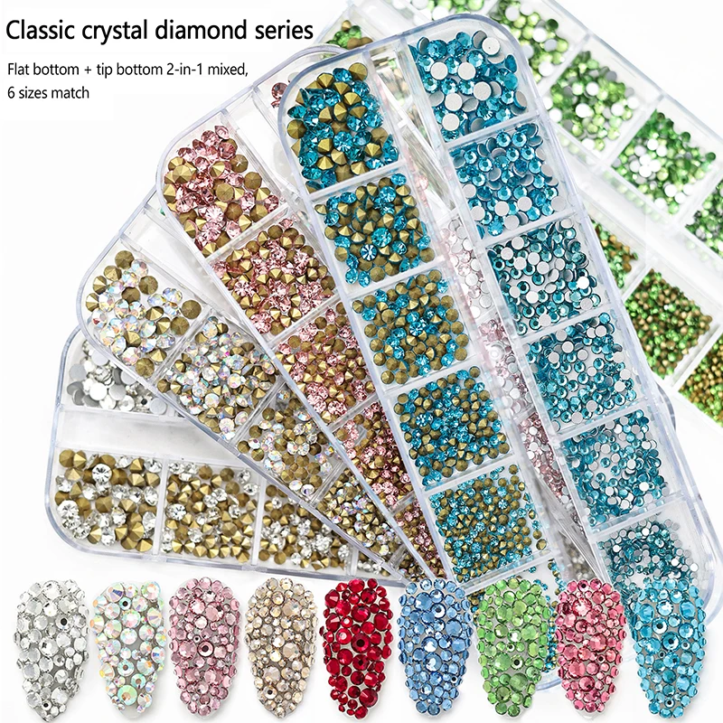 12 dimensioni della miscela di griglia cristallo di vetro Non Hot Fix strass Flatback Crystal 3D Glitter Nail Art strass decorazioni