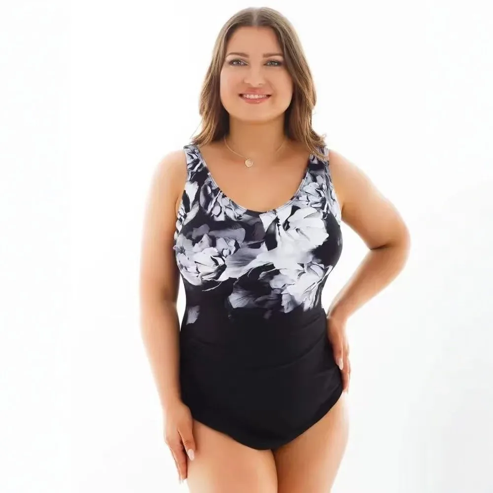 Women Swimsuit Tummy Control Modest Swimwear Plus Size High Waist Bathing Suit Backless V Neck Swimsuit Floral Print Woman