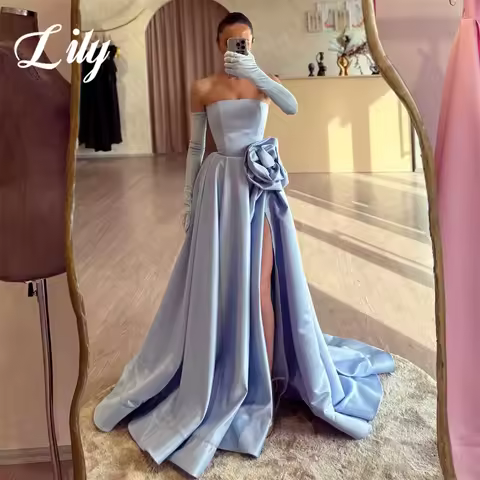 Lily Blue Off the Shoulder Evening Gown A-Line Elegant Prom Dress with High Side Split Strapless Evening Dress 프롬 드레스 Customized
