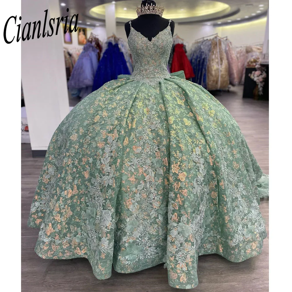 Mint Green Quinceanera Dresses 2023 Princess Prom Gown Tulle Lace Up Appliques Sweet 15 16 Dress Elegant Ball Gown