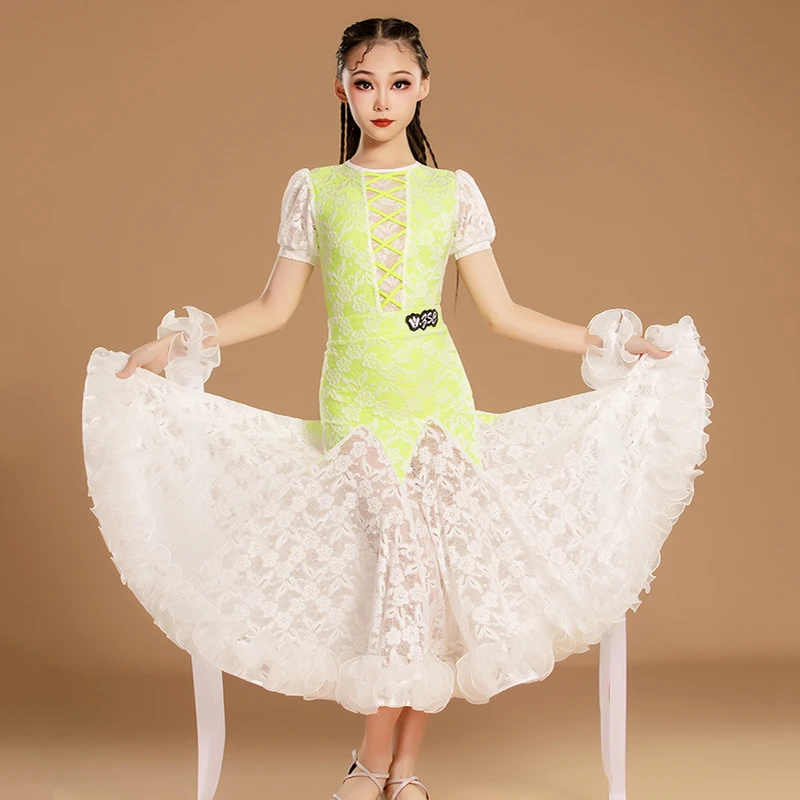 

Girl Ballroom Dance Dress Standard Modern Dance Suit For Competition White Yellow Lace Short Sleeve Tango Waltz Dancewear 3331