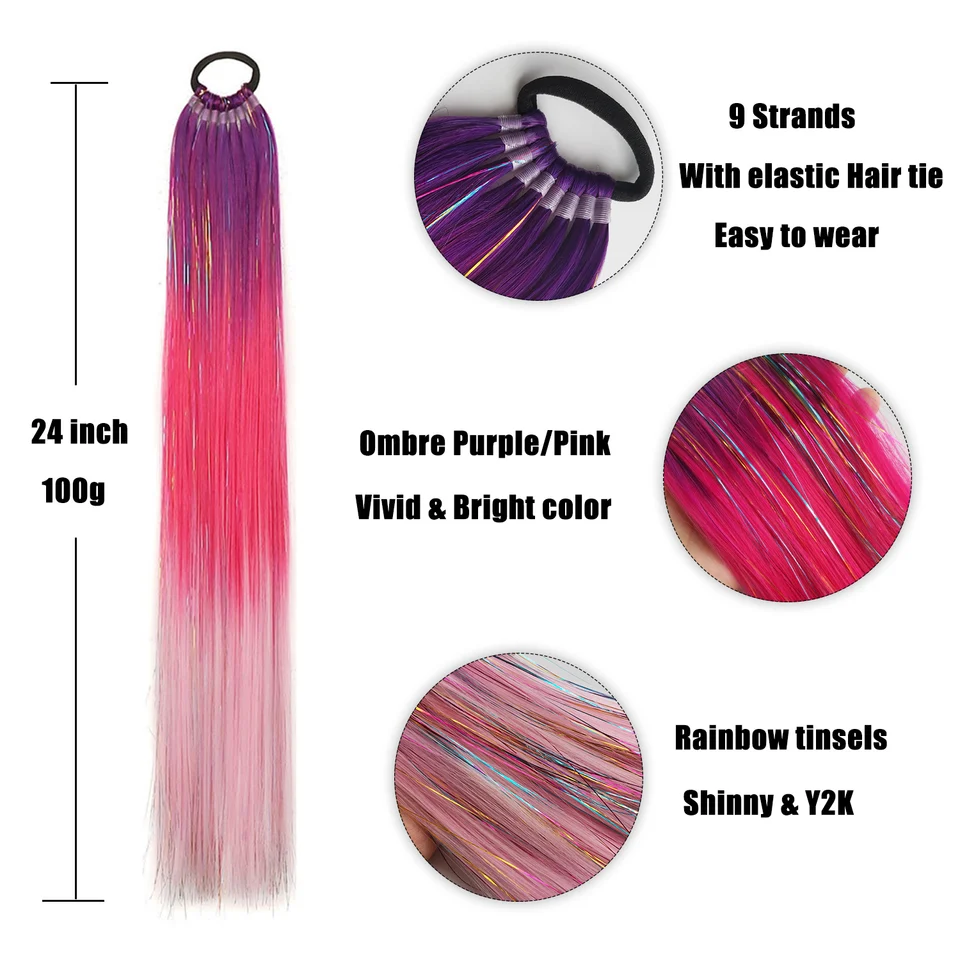 Extensión de Cola de Caballo con Tinsel Púrpura, Rojo y Rosa con Liga para Niñas, Cabello Loco para Fiestas 2