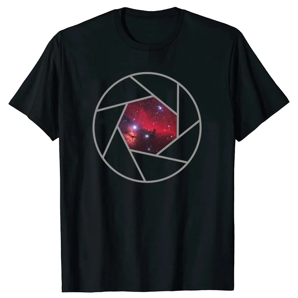 

Astrophotography Camera Aperture Nebula Graphic T-Shirt Men Basic Cotton Round Neck Short Sleeve