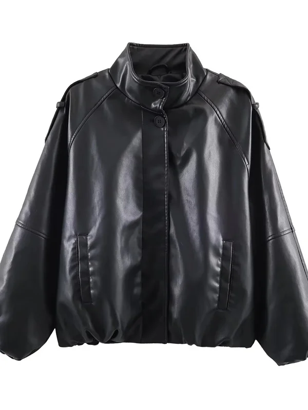 Damska kurtka ze sztucznej skóry w stylu casual, długa, ze stójką, płaszcz ze sztucznej skóry, nowość na jesień i zimę, 638025